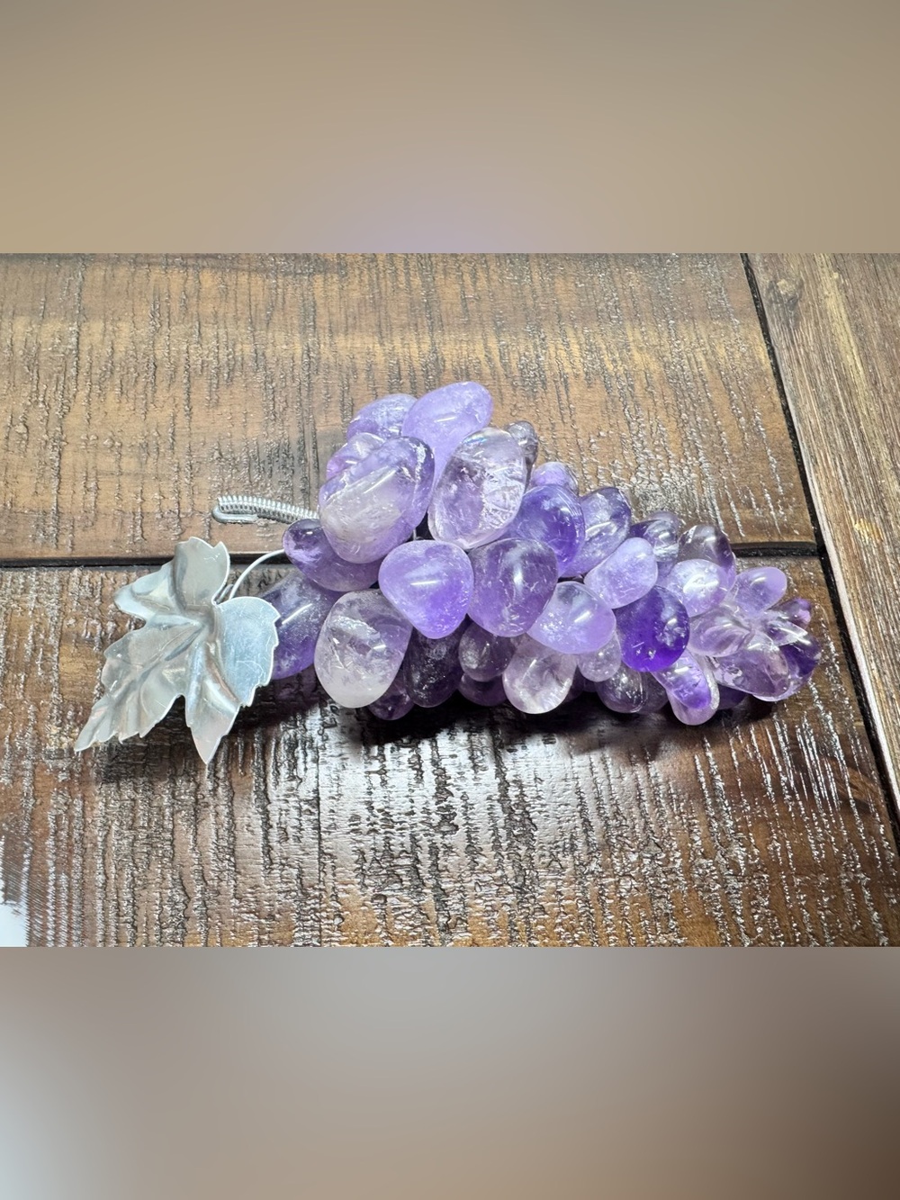 Amethyst Stone Grape Cluster with metal silver leaf Home Decor